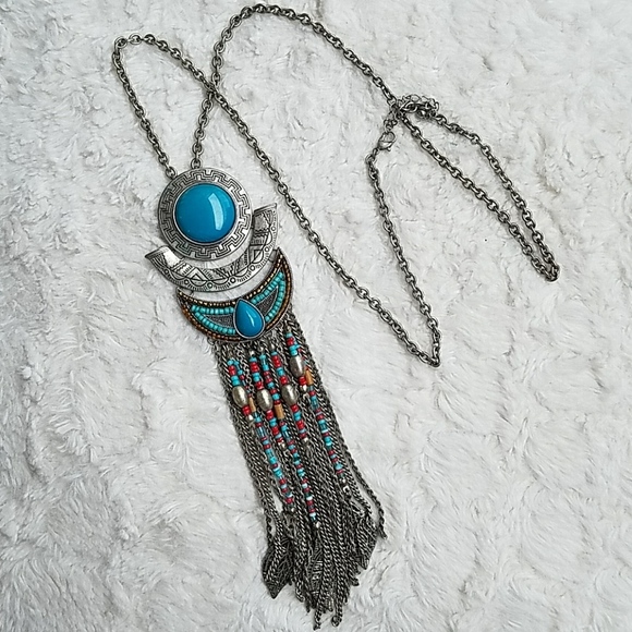 Vintage Jewelry - Vintage Boho Tribal Fringe Tassle Beaded Leaf Long Costume Necklace Aztec